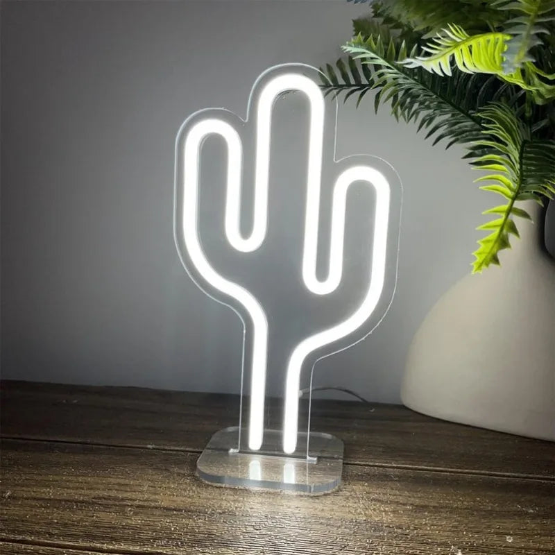 LED Mini Lamp Cactus Sign with Stand Neon Light Signs Bedroom Kids Room Home Decor USB Plug Neon Lights Personalized Gift